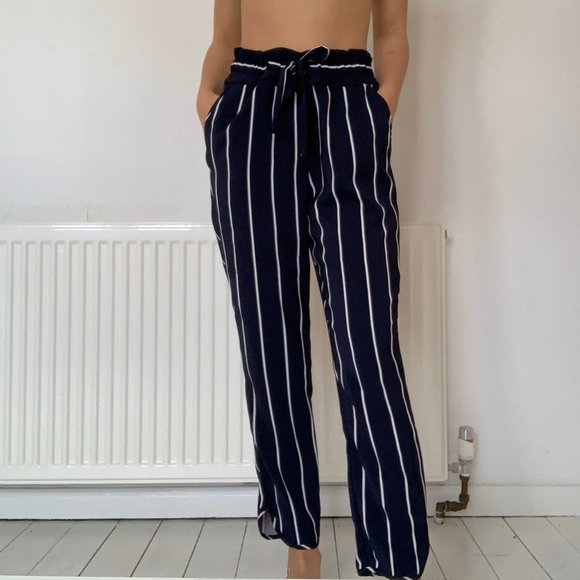 LIKE NEW Zara Flowy Pants Navy blue Striped - Picture 1 of 4